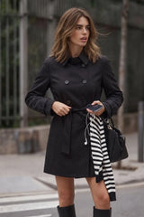Short straight trench coat with belt and buttons