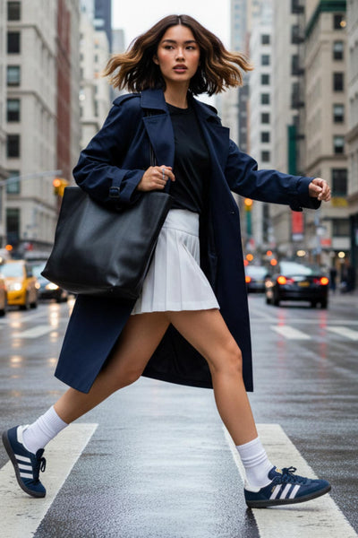 Abrigo trench corto de fit recto, con cuello solapa, bolsillos delanteros con vivos, detalle de bata trasera y manga larga. Trabillas, cinturón amarrable del mismo tejido y cierre frontal con doble cruce de botones en contraste. Detalle de trabilla y botón en hombros, bata trasera, cuello y puños.