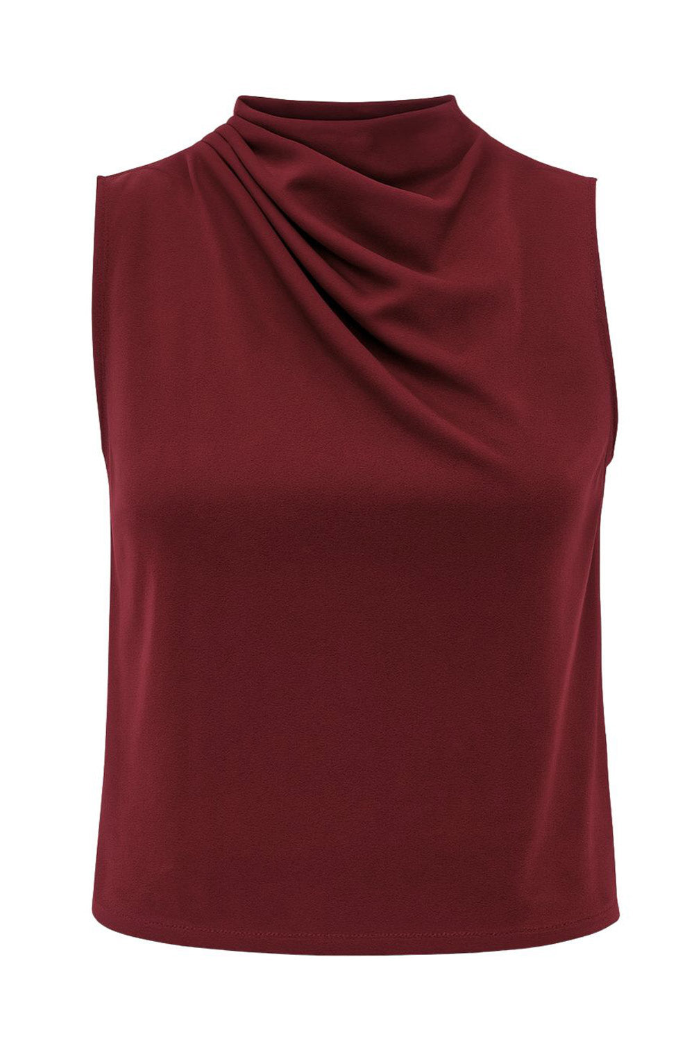 Blusa sin mangas de fit recto, cuello mock con detalles plisados y cierre posterior con botón y ojal.