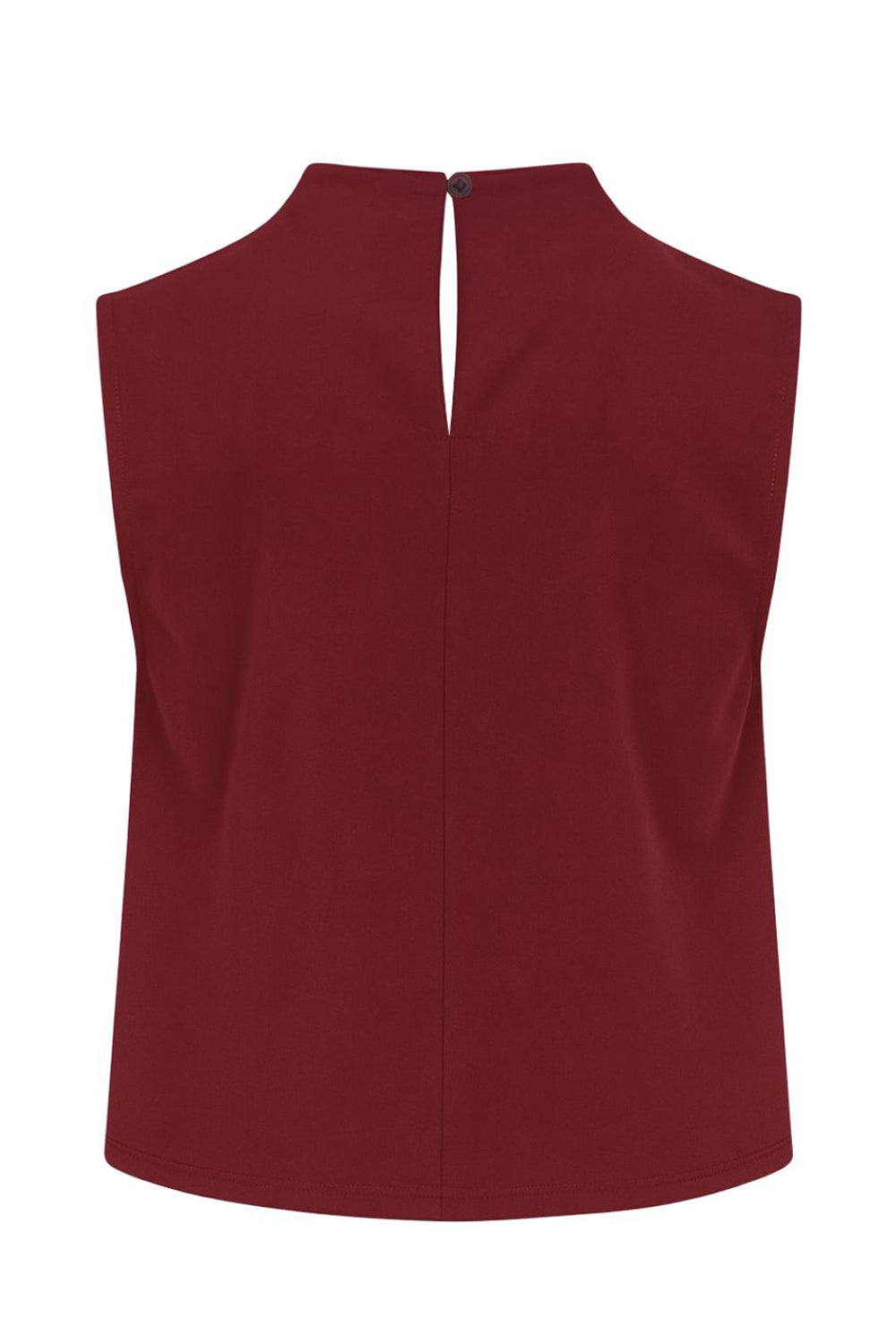 Blusa sin mangas de fit recto, cuello mock con detalles plisados y cierre posterior con botón y ojal.