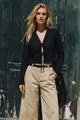 Short blouse with lapel neckline and ties