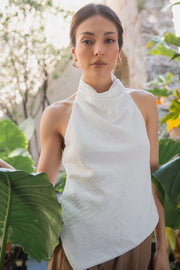 Blusa fluida de cuello alto halter con plisados, sin mangas, escote en espalda y bajo frontal asimétrico. Cierre posterior con broches.