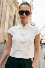 Sleeveless mandarin collar top