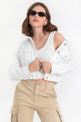 Chamarra corta de denim fit recto con rotos