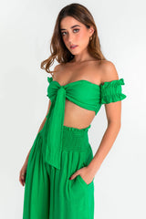 Crop top escote con nudo manga olanes