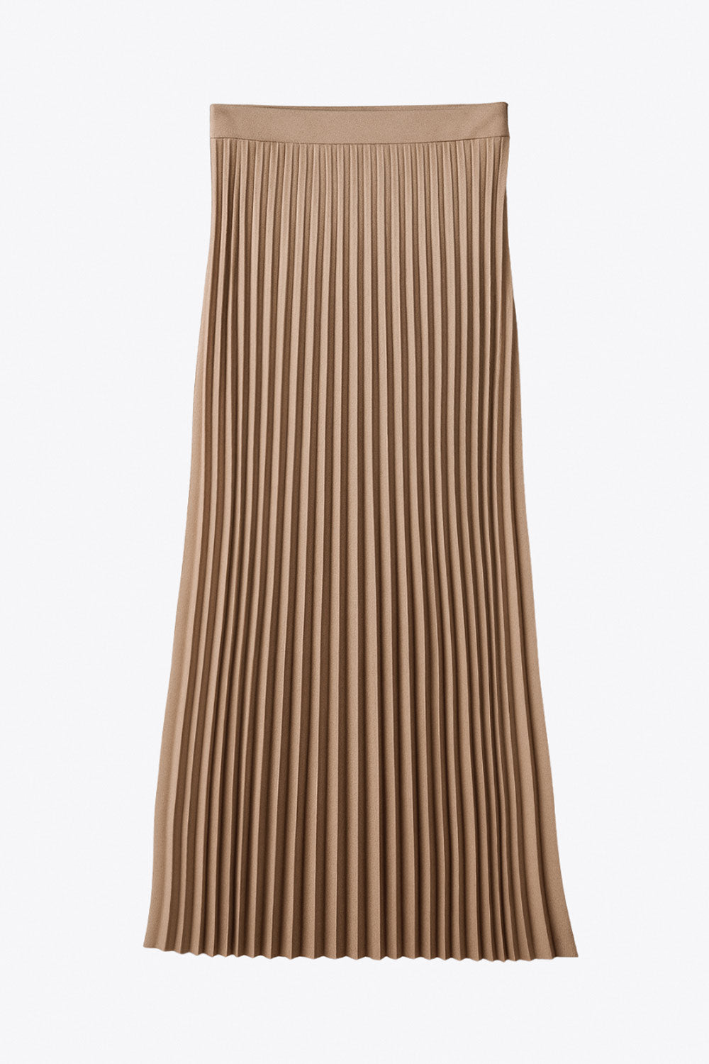 Falda midi plisada, cintura alta con pretina y cierre con cremallera oculta lateral.