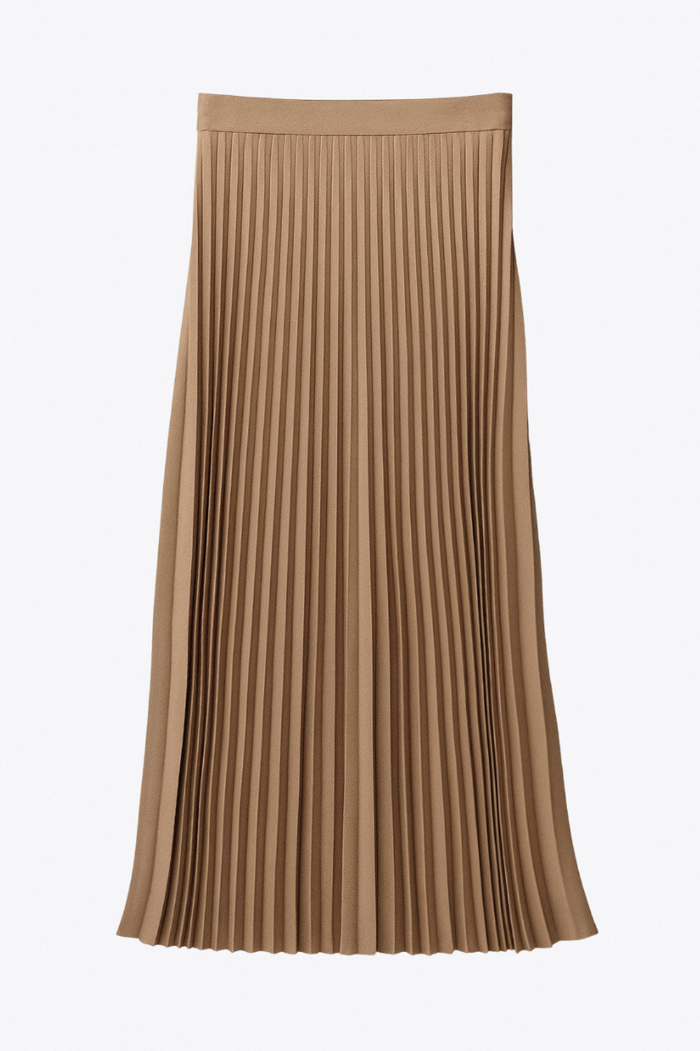 Falda midi plisada, cintura alta con pretina y cierre con cremallera oculta lateral.