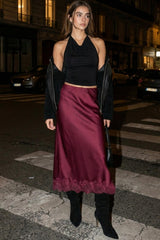 Falda midi satinada encaje