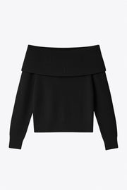 Jersey corto canalé de fit ajustado, hombros descubiertos con doblez en borde, manga larga y detalle de rib en bordes.