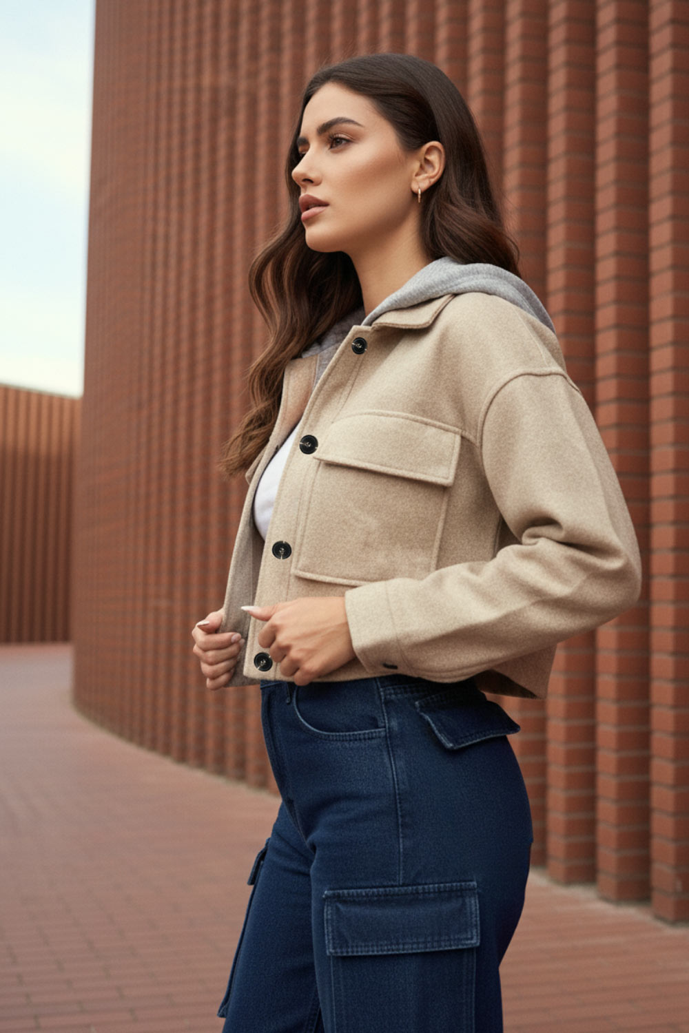 Pantalón de denim multipocket, fit recto, cintura alta con pretina y trabillas, bolsillos delanteros, laterales cargo con cartera y traseros decorativos con cartera. Cierre frontal con cremallera y botón en contraste.