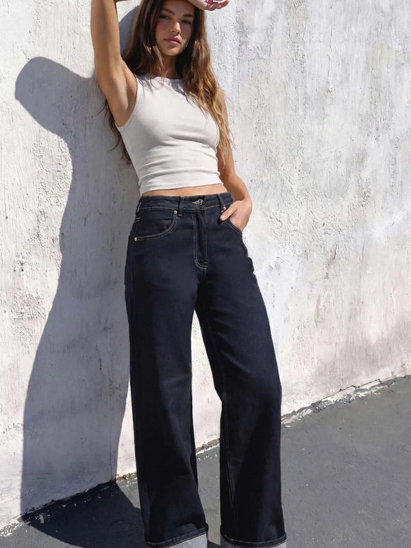 Pantalón denim fit recto tiro alto
