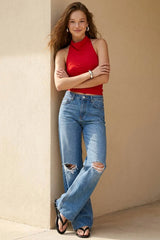 Pantalón denim wide leg con rotos