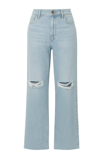 Pantalón wide leg de denim con rotos, tiro alto, bolsillos delanteros y traseros de parche. Cierre con botón y cremallera oculta. Detalle de rotos en bajo.