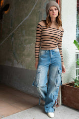 Pantalón multipocket cargo de denim wide leg