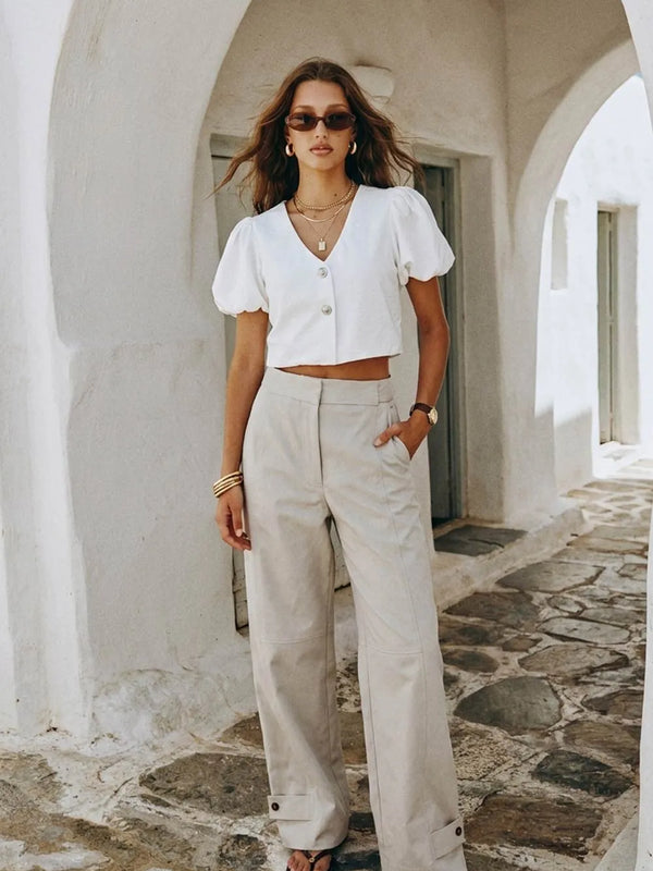 Wide-leg trousers with decorative belt loops and seams