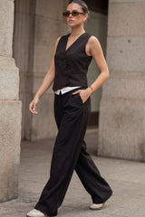 Pantalón wide leg con pinzas pretina contraste