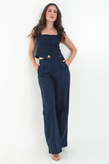 Pantalón wide leg de lino con raya frontal pinzas