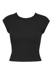 Top corto básico canalé de fit ajustado, cuello redondo y manga corta seguida.