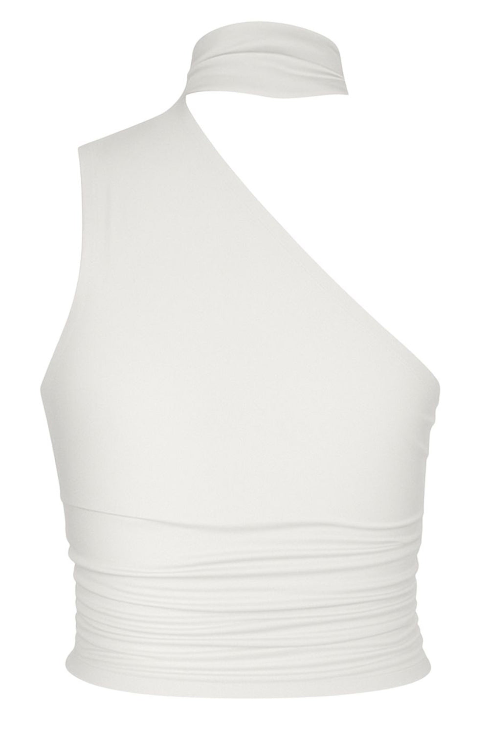 Top asimétrico de fit ajustado, detalles plisados laterales y en hombro, sin mangas, un hombro, escote diagonal y choker con plisados. Cierre posterior con botón y ojal.