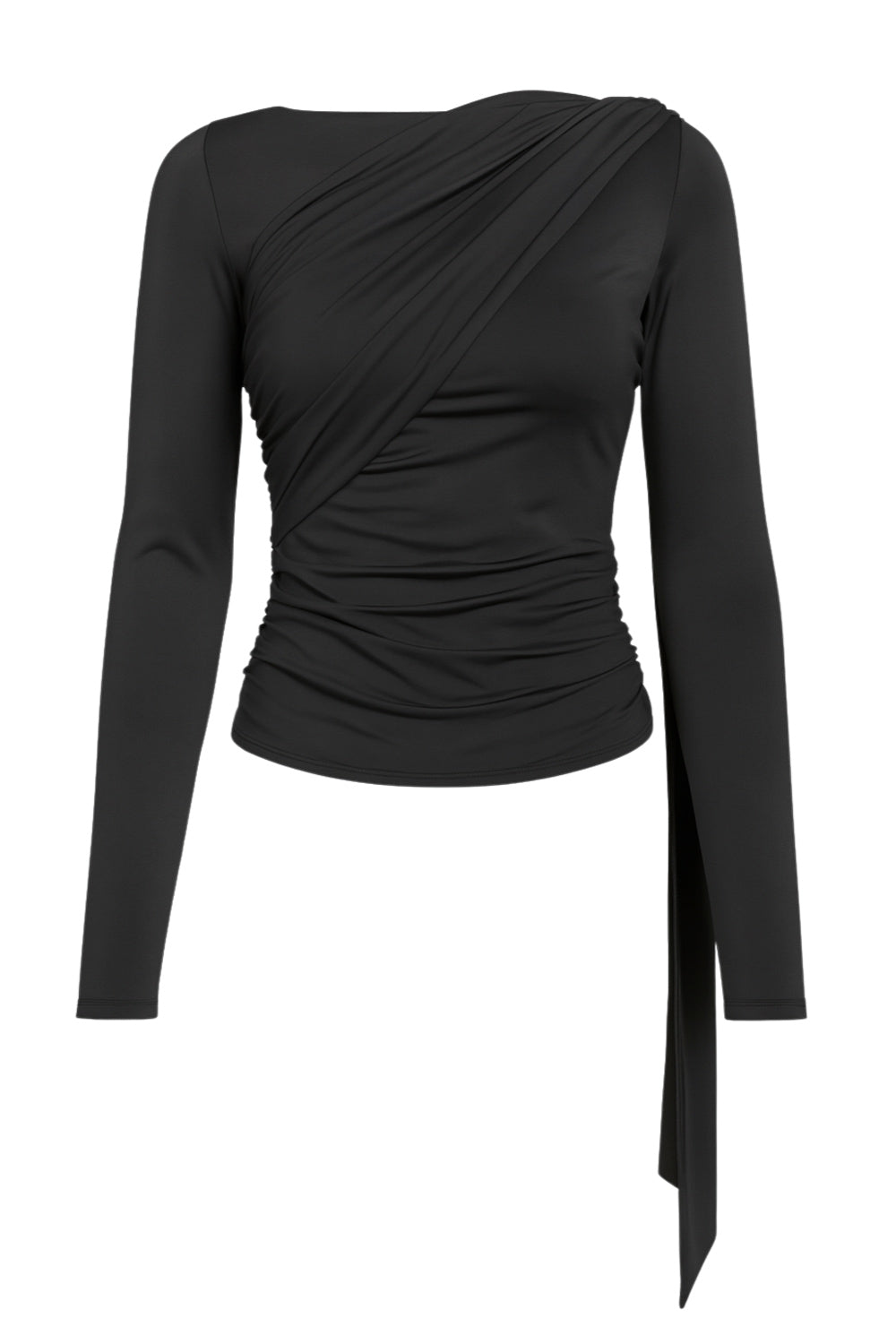 Top de manga larga, fit ajustado, cuello barco y detalle decorativo frontal cruzado con plisados.