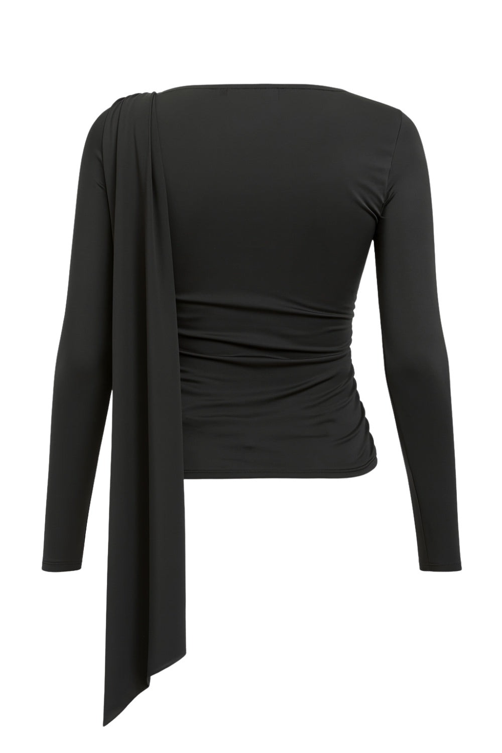 Top de manga larga, fit ajustado, cuello barco y detalle decorativo frontal cruzado con plisados.