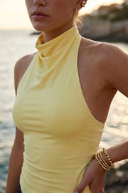 Top halter corto de fit ajustado, sin mangas, cuello halter fluido con plisados y escote en espalda. Detalle de bajo diagonal asimétrico.