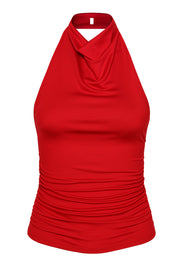 Top halter de fit ajustado, cuello alto fluido, sin mangas, plisados en costados y cierre posterior con botón y ojal.