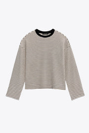 Camiseta de estampado rayas, fit recto, cuello redondo con rib en contraste y manga larga con hombro caído.