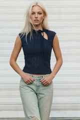 Mandarin collar top with cut-out
