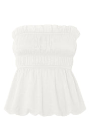 Top strapless con peplum globo, fit ajustado, escote recto con rib elástico y olanes en borde, plisados con rib elástico en cintura y bajo con acabado en volumen.