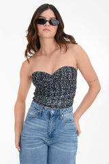 Top strapless floral escote corazón con nudo