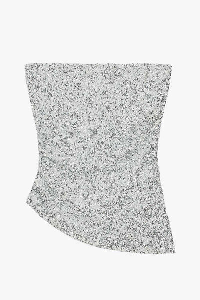 Top tubo de lentejuelas, fit ajustado, escote recto, plisados en costado y bajo diagonal asimétrico.