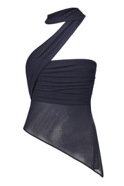 Top tubo de mesh, fit ajustado, escote recto con detalles plisados laterales y bajo diagonal asimétrico con rib rizado en borde. Detalle de choker cruzado.