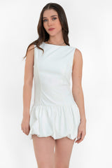 Vestido corto globo con pinzas cuello barco