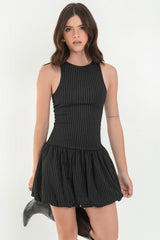 Vestido corto globo de rayas cuello redondo