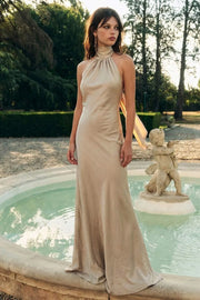 Vestido largo de fit fluido, cuello alto halter con plisados, sin mangas y nudo amarrable posterior. Detalle de escote en espalda y plisados decorativos posteriores. Cierre posterior con cremallera oculta.