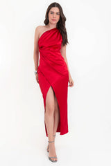 Vestido maxi satinado cruzado de un hombro