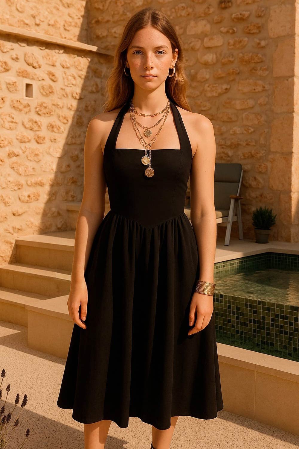 Vestido midi de cuello halter, sin mangas, escote recto, corte en a, corte v en cintura con plisados y fruncido en espalda.