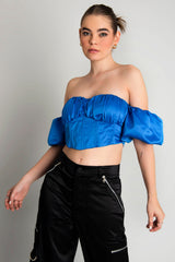 Top corset satinado manga corta escote plisado